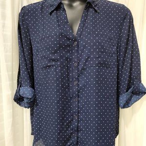 FORTUNE + IVY  Navy Blue and White Polka Dot Christelle Button Down Blouse